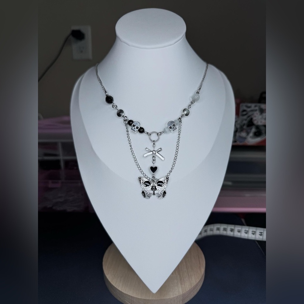 silver black and white skull butterfly beaded necklace stainless steel